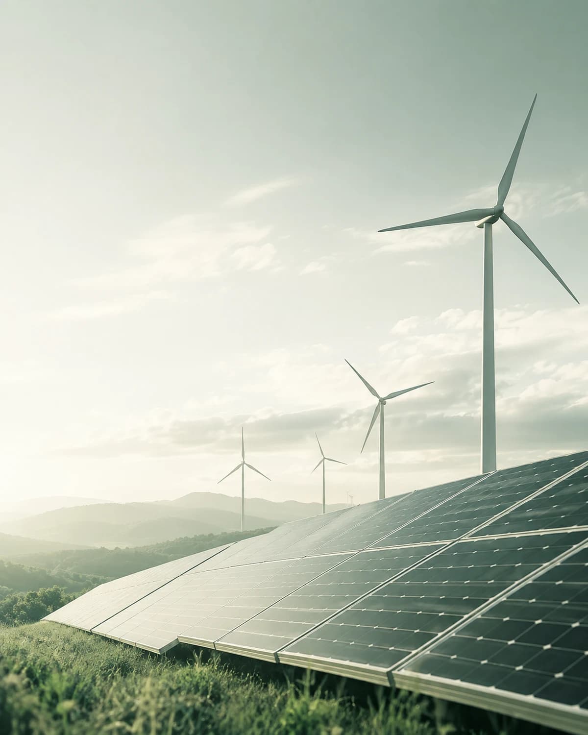 Solarpark und Windräder im Morgenlicht