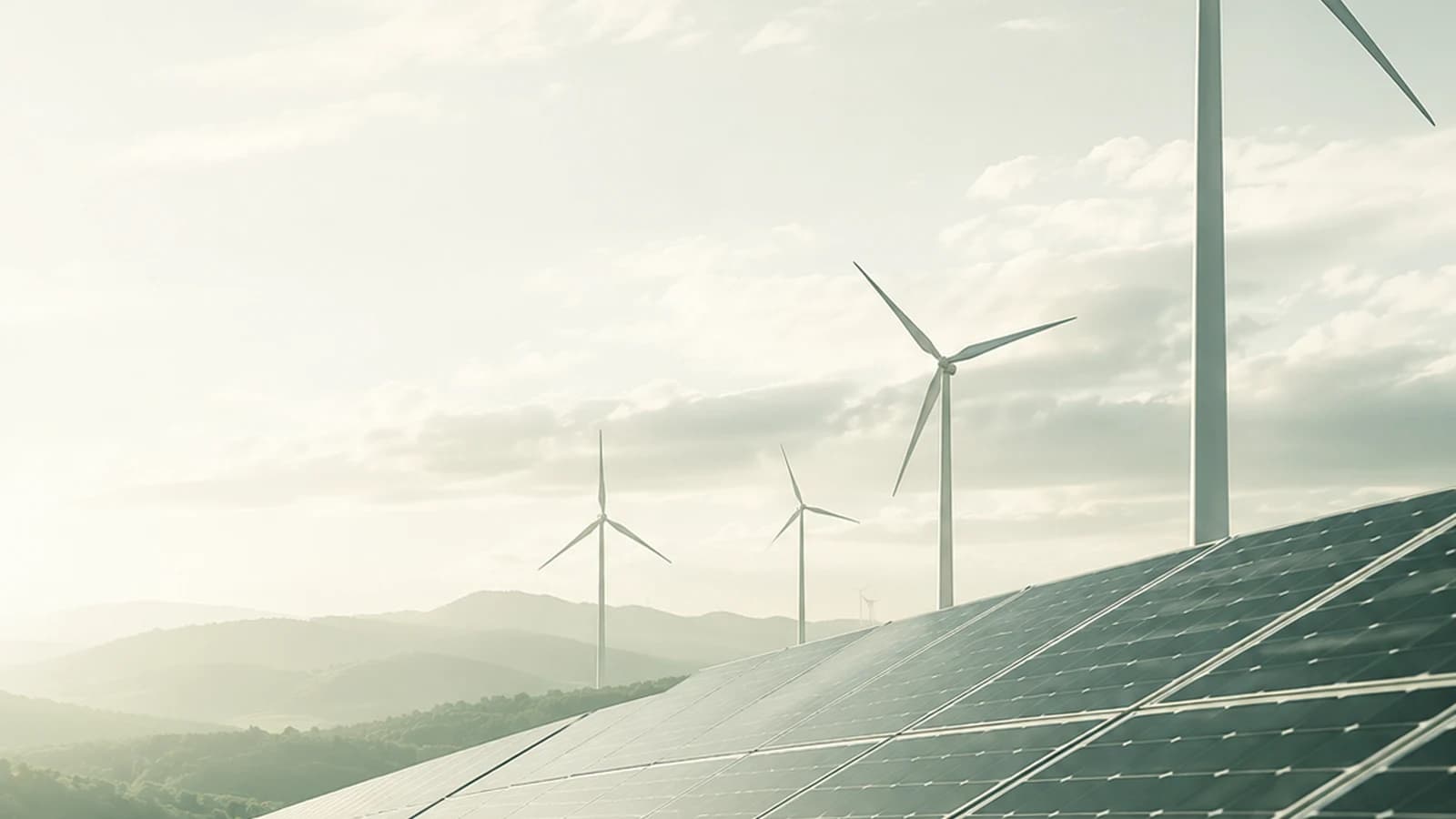 Solaranlage und Windräder in einer Morgenlandschaft