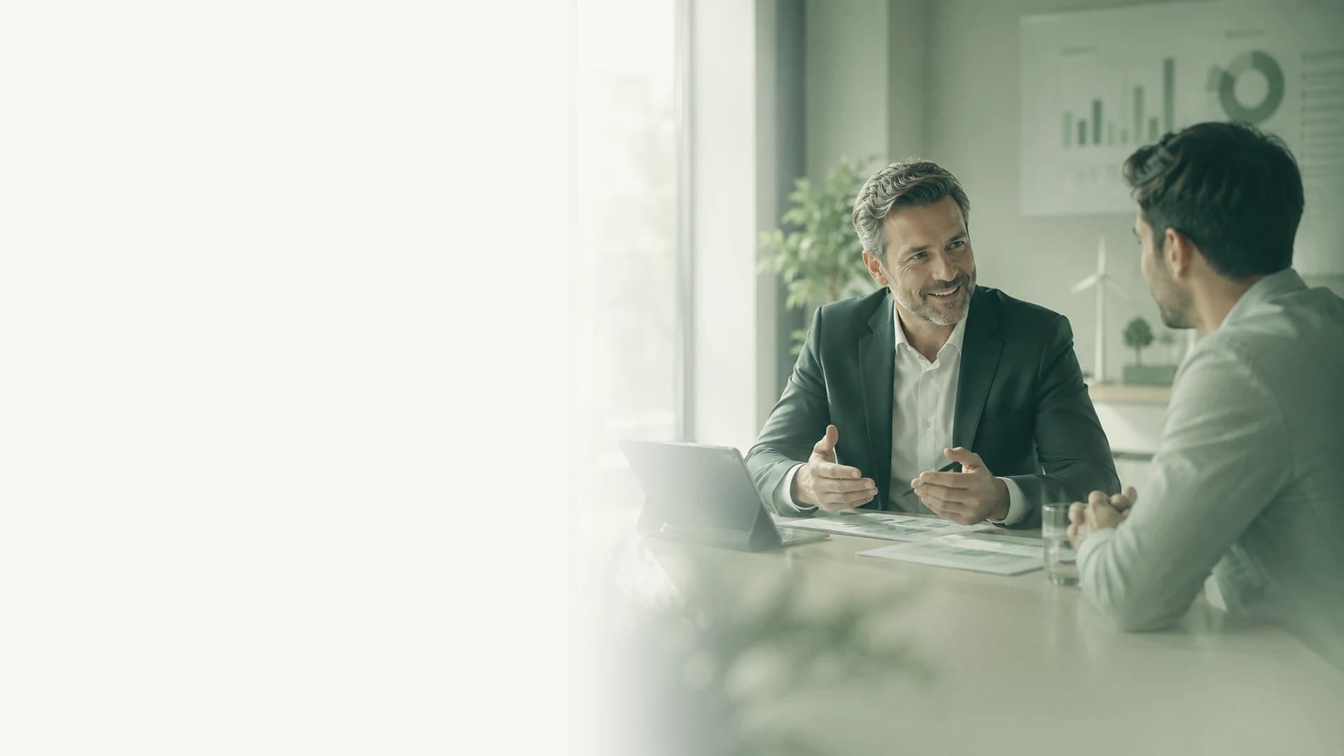 Besprechungssituation zum Energiemanagement in einem hellen, begrünten Büro
