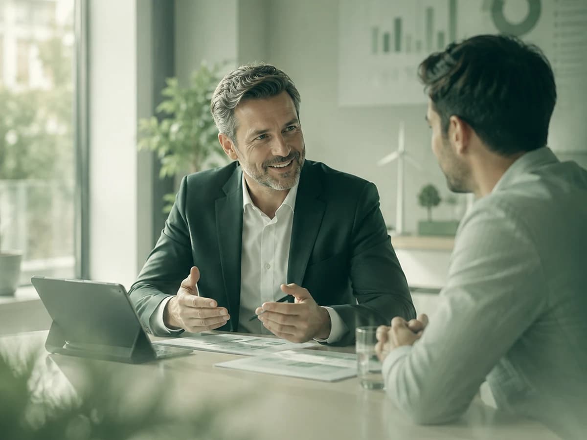 Zwei Personen im Beratungsgespräch an einem hellen Besprechungstisch