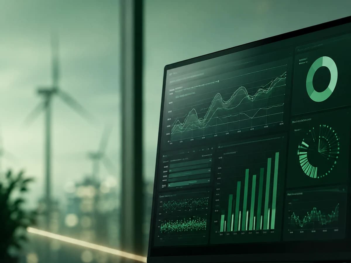 Arbeitsplatz mit Auswertungen von Energiedaten auf einem Bildschirm