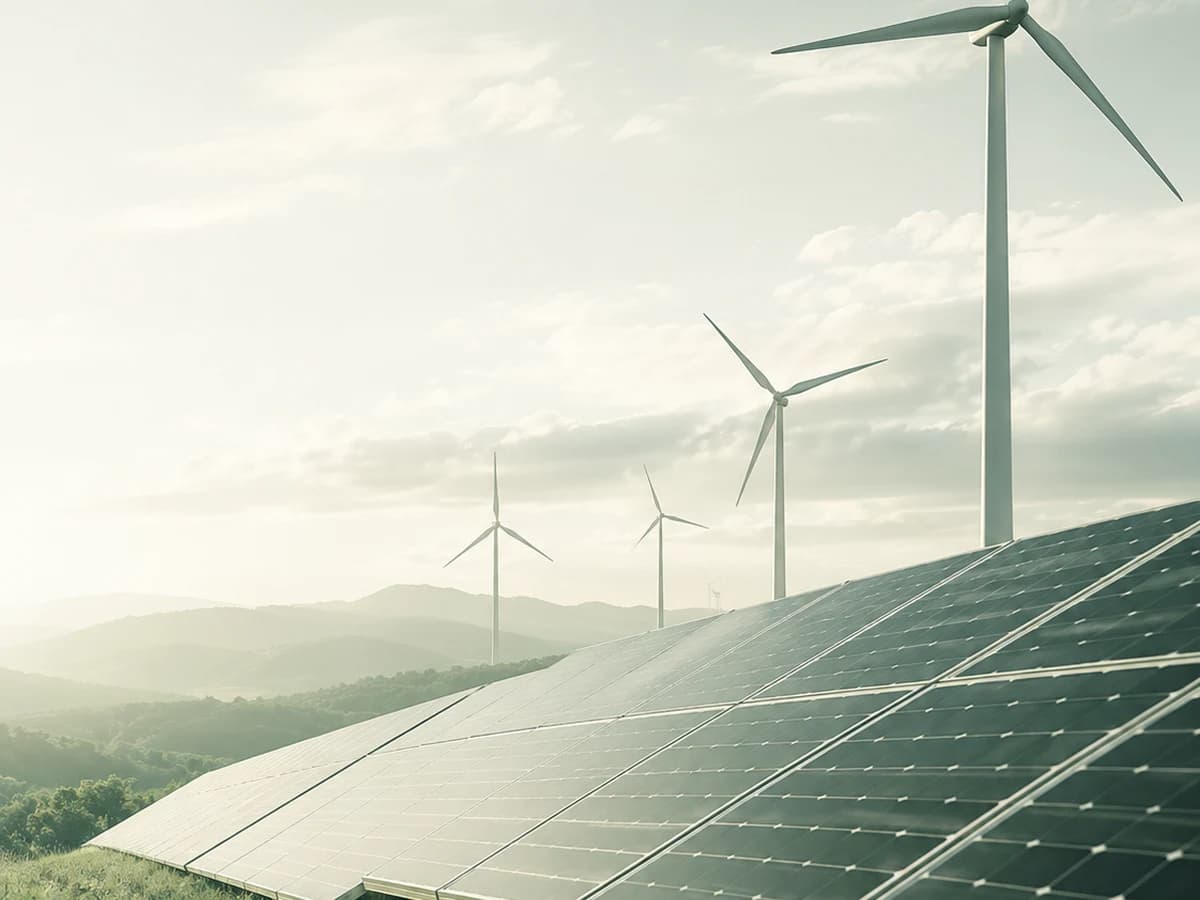 Solarpark und Windräder im Morgenlicht