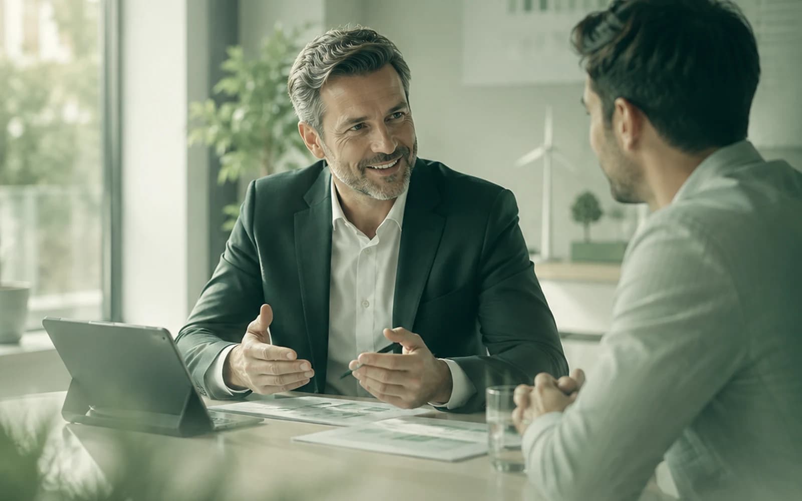 Beratungsgespräch an einem hellen Besprechungstisch mit Pflanzen im Hintergrund