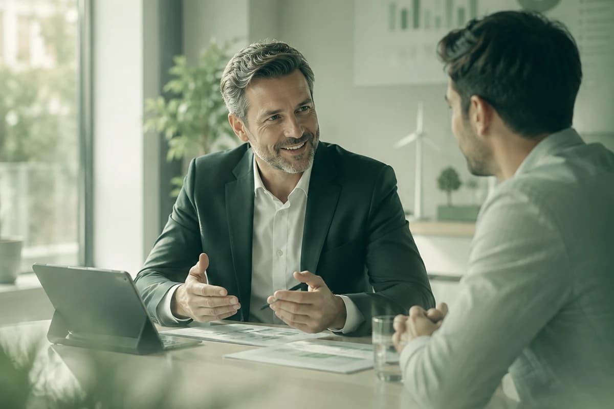 Beratungsgespräch an einem hellen Besprechungstisch