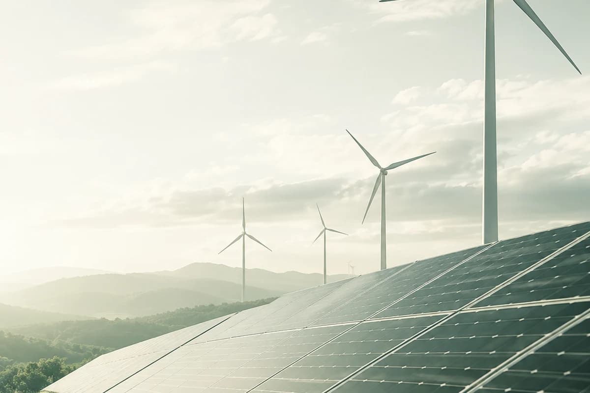 Solarpark und Windräder im Morgenlicht