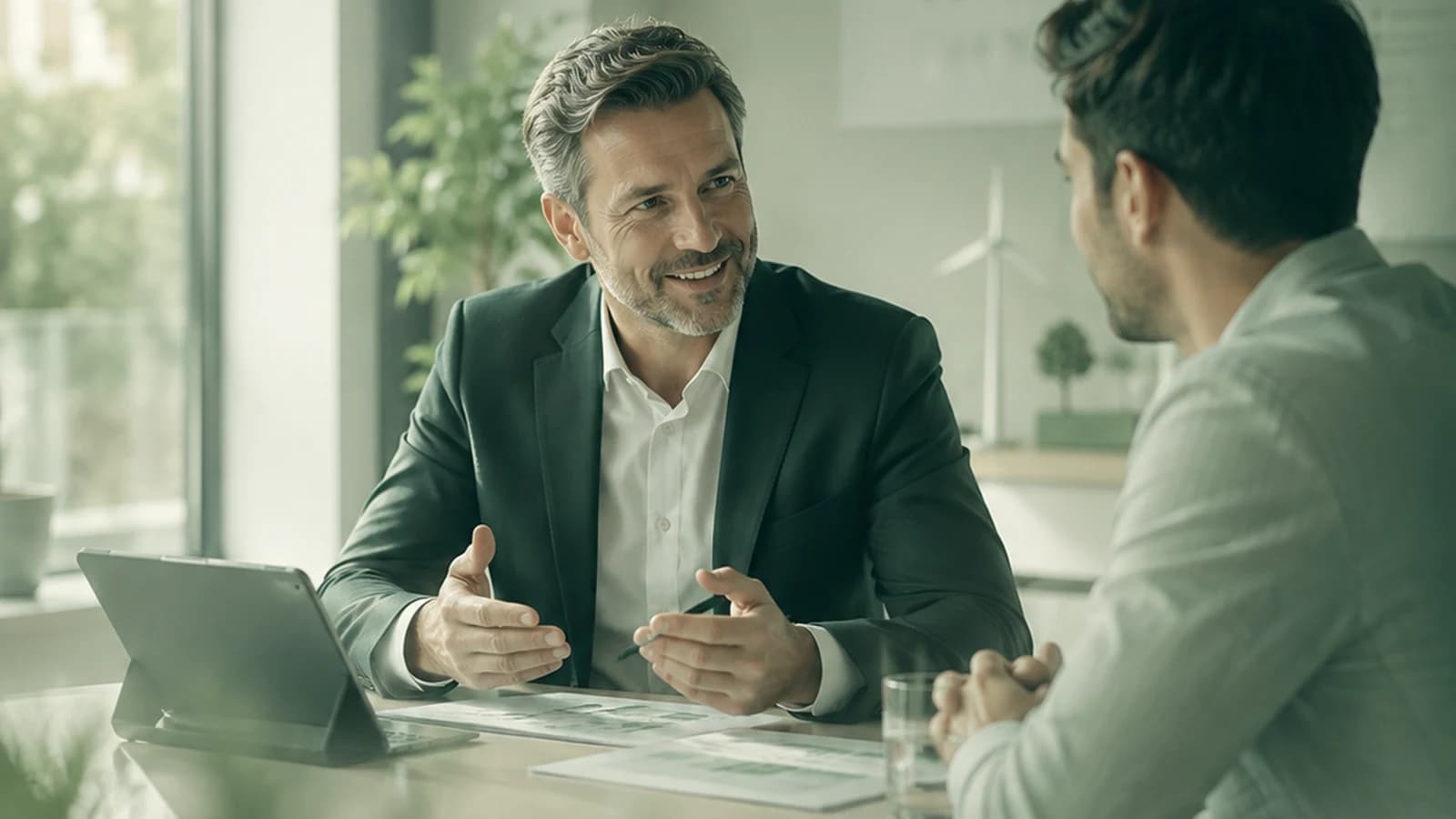 Team im Austausch an einem Besprechungstisch in einem hellen Büro